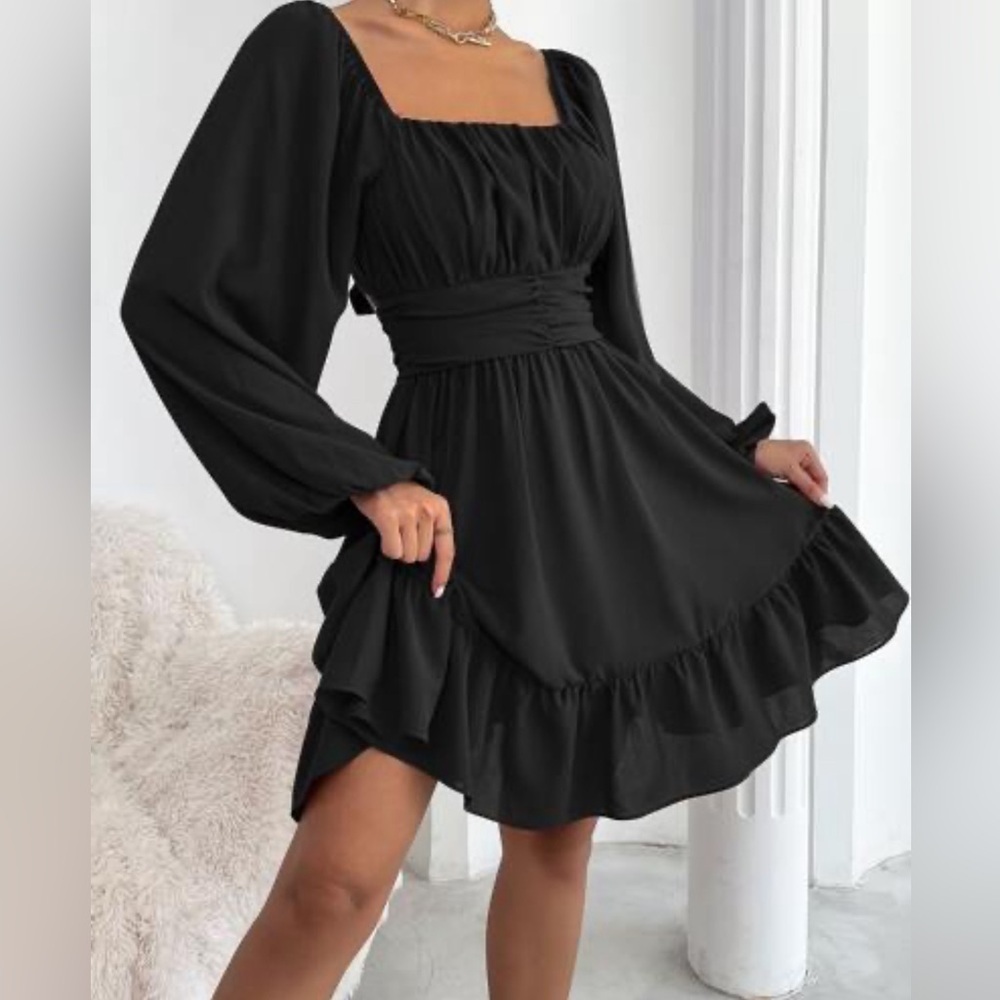 SHEIN Frenchy Knot Back Lantern Sleeve Ruffle Hem Black Dress